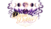 Logo for Divine Dokter, a psychic medium, with crystals and moon phases on a dark background.